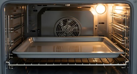 Inside view of a clean, empty convection oven with a baking tray on the rack.