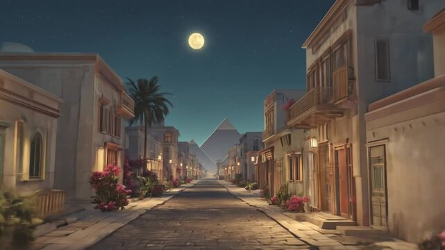 Animated street scene featuring ancient architecture palm trees and a pyramid at night