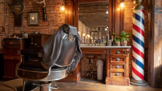 Interior of a classic barber shop featuring antique chair and vintage decor details