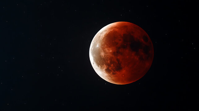 Witness a lunar spectacle as the Earth's shadow casts an eerie red glow, turning the moon into a captivating celestial body against the inky black canvas of the night. - Powered by Adobe