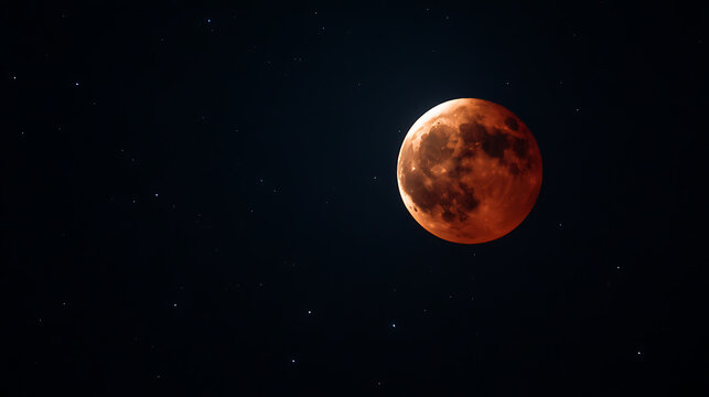 Experience the captivating beauty of the night sky. Witness a total lunar eclipse as the moon transforms into a fiery orange sphere against the backdrop of twinkling stars.