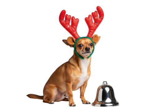A small adult chihuahua mix dog with sleek warm brown fur, vibrant red glitter reindeer antlers, calmly posed on a seamless transparent studio background with a silver holiday bell beside its paws,