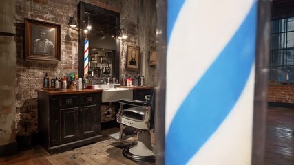 Interior view of a vintage barbershop featuring barber chairs mirrors and design details