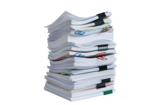 Tall stack of documents with colorful clips isolated on a transparent background