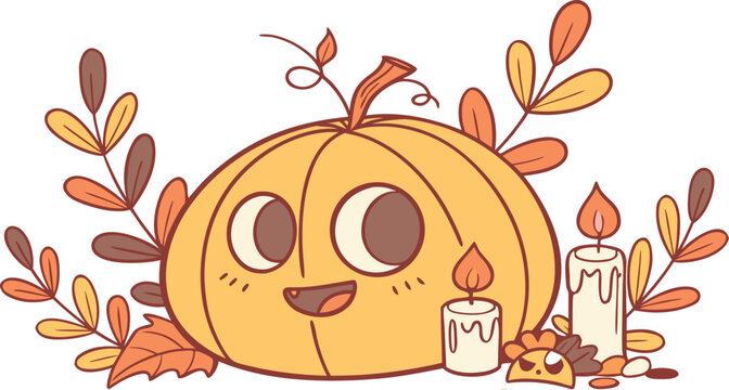 Whimsical Halloween pumpkin with autumn leaves and candles creates a fun, festive and spooky vibe, perfect for seasonal greetings and designs