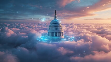 Capitol dome rising from digital clouds, with luminous networks and data lines symbolizing government modernization, hybrid multi-cloud infrastructure, security, and civic trust on a sleek backdrop.


