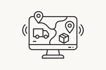 Black thin line vector icon of a logistics control screen with map, truck, and parcel symbols, representing tracking, fulfilment, and e-commerce delivery management.