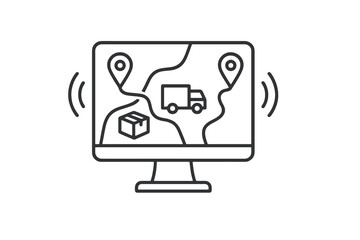 Thin linear icon showing a digital control monitor with map pins and truck, ideal for logistics tracking, warehouse systems, and supply chain visuals.