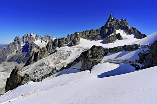 View of the Glacier du G&eacute;ant from the T&eacute;l&eacute;cabine Panorama Railway, behind the Dente del Gigante, Chamonix-Mont-Blanc, Haute-Savoie, France