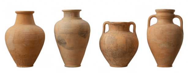 Terracotta ancient pottery vessels isolated on a transparent background