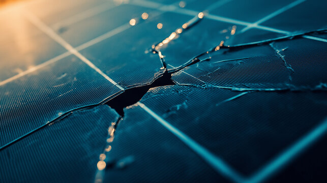 Cracked solar panel, close-up of damaged cracked solar panel, solar panel warranty, generative ai