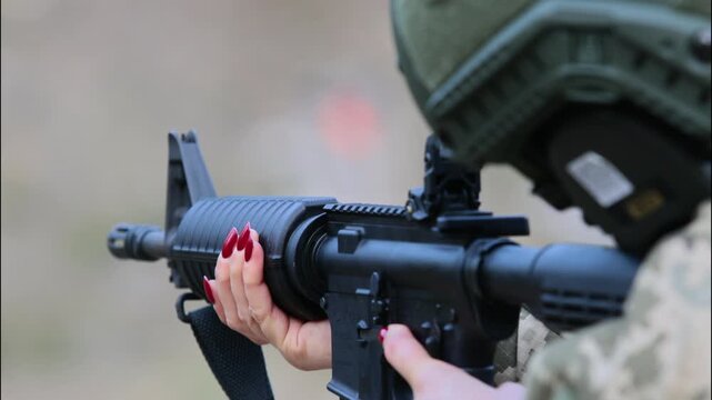 A female soldier with red nails aims a rifle. Concept for empowerment, duality, and modern defense