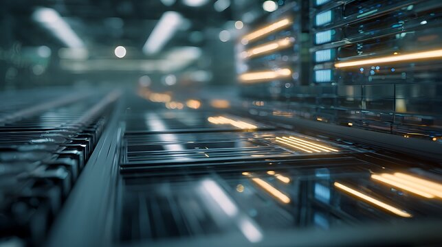  Warehouse Slot Micro-Utilization Glowing Dashboards 3D Floating Panels Mapping Storage Efficiency, Glowing Lines Indicating Utilization, Analysts Interacting, Cinematic Reflections, Ultra-Real