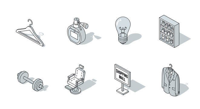 Isometric icons of shopping and lifestyle items with minimalistic design
