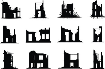 Ruined building silhouettes vector illustration, destroyed architecture icons, abandoned urban decay structures, collapsed house shapes, post apocalyptic city ruins design
