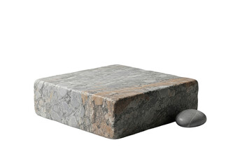 Large granite podium, mottled gray, beige, brown, shimmering flecks, with small polished river stone, on transparent background, high-angle studio shot, luxurious minimalist product display