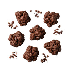 Deep dark brown cocoa clusters, irregular and rough textured, with scattered cocoa nibs on a clean transparent background under perfect studio lighting. Concept for gourmet food advertising