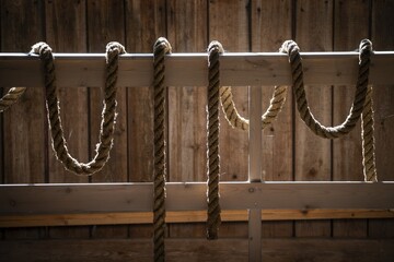 Rope hanging in a barn, former paper factory and mill for the production of groundwood pulp board, UNESCO World Heritage Site Verla Factory Village, Maailmanperintökohde Verlan puuhiomo ja pahvitehdas, Verla Rapids, Kymenlaakso, near Kouvola, Finland