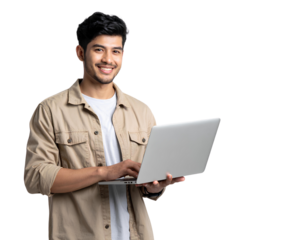 Smiling Young Man Using Laptop isolated on transparent background.