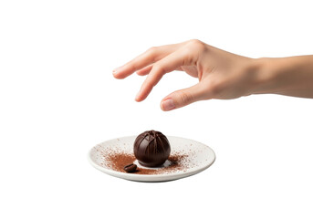 Delicate hand reaching for a glossy dark chocolate truffle on a minimalist white plate with cocoa, coffee bean, isolated on transparent. Concept of gourmet indulgence