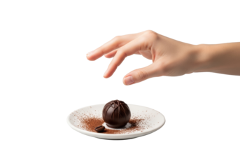 Delicate hand reaching for a glossy dark chocolate truffle on a minimalist white plate with cocoa, coffee bean, isolated on transparent. Concept of gourmet indulgence