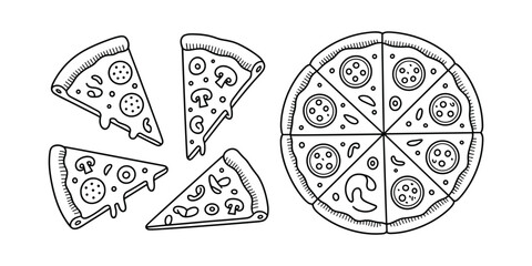 Hand Drawn Pizza Illustration with Slices Featuring Pepperoni and Mushrooms, Whole Pizza Isolated