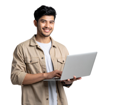 Smiling Young Man Using Laptop isolated on transparent background.