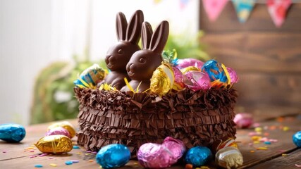 A festive chocolate bunny cake with foil-wrapped eggs, confetti, and colorful flags in the background - Powered by Adobe