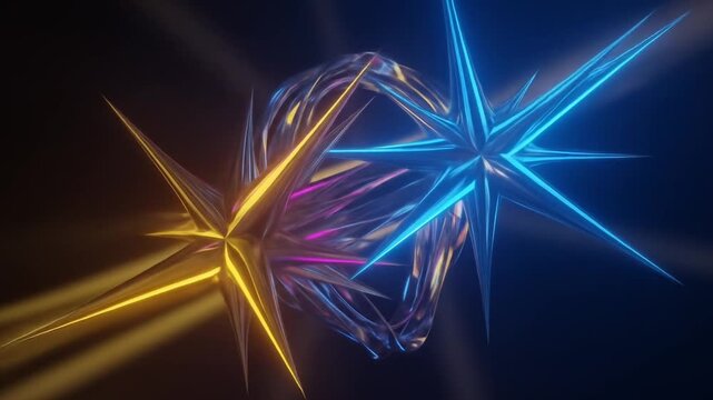 Two glowing spiky stars, one blue and one yellow, clashing in an abstract digital space with light rays.