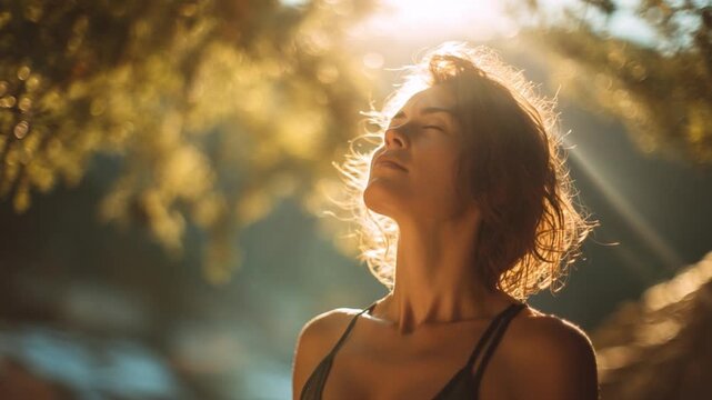 Serene Sunshine Moment: A woman closes her eyes, basking in the sun's warm embrace, surrounded by the dappled light of nature, exuding peace and tranquility. 