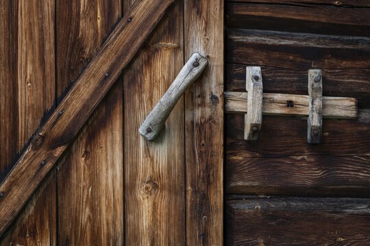 Nahaufnahme eines rustikalen Holzt&uuml;rbeschlags mit einem einfachen Riegel, historischer Bauernhof und Pilgerunterkunft Budsjord, Dovre, Pilgerweg Olavsweg oder Olavsleden, Gudbrandsdalen oder Gudbrandstal, Norwegen