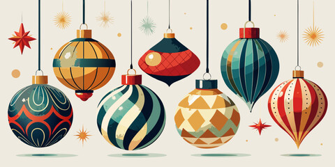 Colorful Easter eggs with ribbon on a white background and shiny Christmas ball decorations