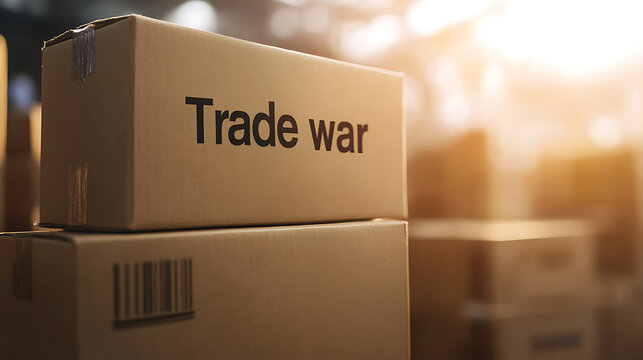 A trade war highlighted by stacked cardboard boxes, symbolizing the conflict's tangible effects on international commerce and supply chains amidst economic challenges.