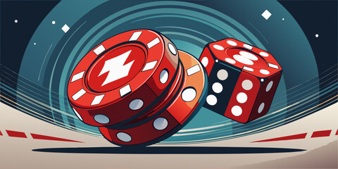 Two red and white casino dice on a black background suggest games of chance and the fun of a lucky roll