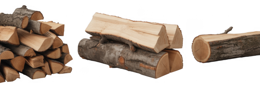 Stacked logs and firewood isolated on a transparent background