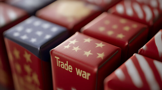 Boxes resembling countries locked in a trade dispute. Stars, stripes, and bold text symbolize economic conflict and tension. Focus on global markets and trade policies.