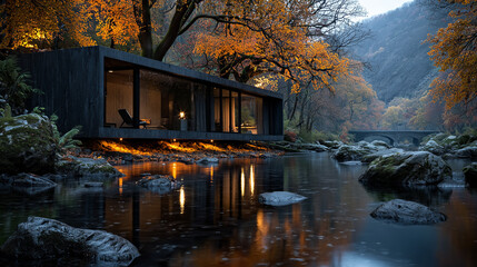 Black modern house in the autumn forest , evening time.
