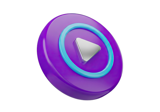 Glossy Play Button Icon with Circular Blue Accent on a Purple Circle on Black