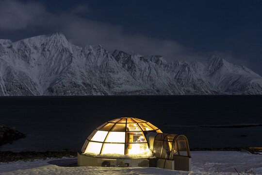 Hotel, Igloo, Lyngen North, moonlight, night shot, snow, Lyngen Alps, Norway