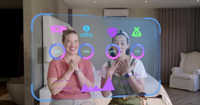 Two hosts hosting beauty tutorial tapping dashboard icons as metrics update showcasing cosmetic jar