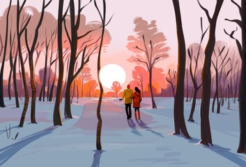 winter sunset with a couple walking down a path through a forest. Creating beautiful memories. 