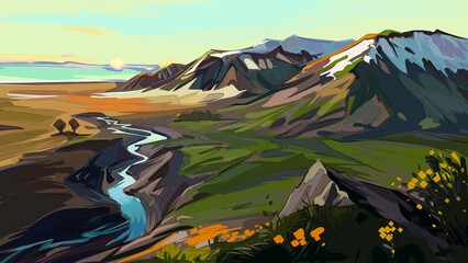 Pleinn air painting of a view from a mountain top overlooking valley plains and other mountains. Beautiful nature scenery. 