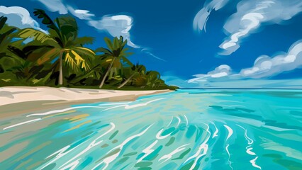 Serene view on a tropical white beach with palm trees with beautifully painted water and colors. 