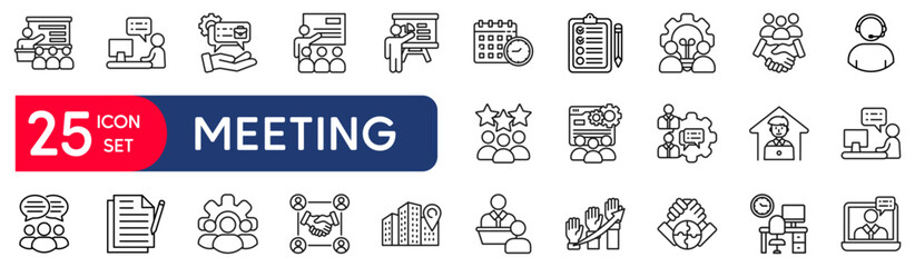 Meeting set of web icons in line style. vector illustration concept relate to conference, set, people, seminar, person, training, work, team, presentation
