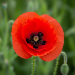 Fototapeta premium Close up of a vibrant red poppy flower with black center bloom petal