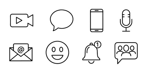 A set of communication line icons. This collection of outline icons represents digital interaction and messaging concepts, including a smartphone, chat bubble, microphone, and email.