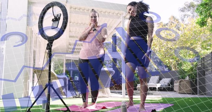 two fitness partners shaking hands and practicing balance drill under ringlight with animated arc