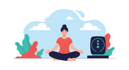 Fototapeta premium A woman practices meditation in a serene setting with plants and a digital device, symbolizing mindfulness and technology's role in well-being.