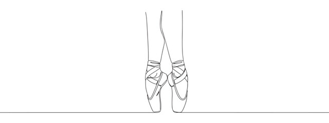 A continuous line drawing of a ballerina's feet en pointe in ballet shoes, conveying grace and elegance on a simple white background.