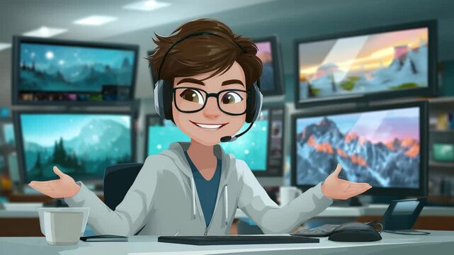 Engaging cartoon character works from home with multiple monitors, perfect for remote work, gaming, or creative studio concepts